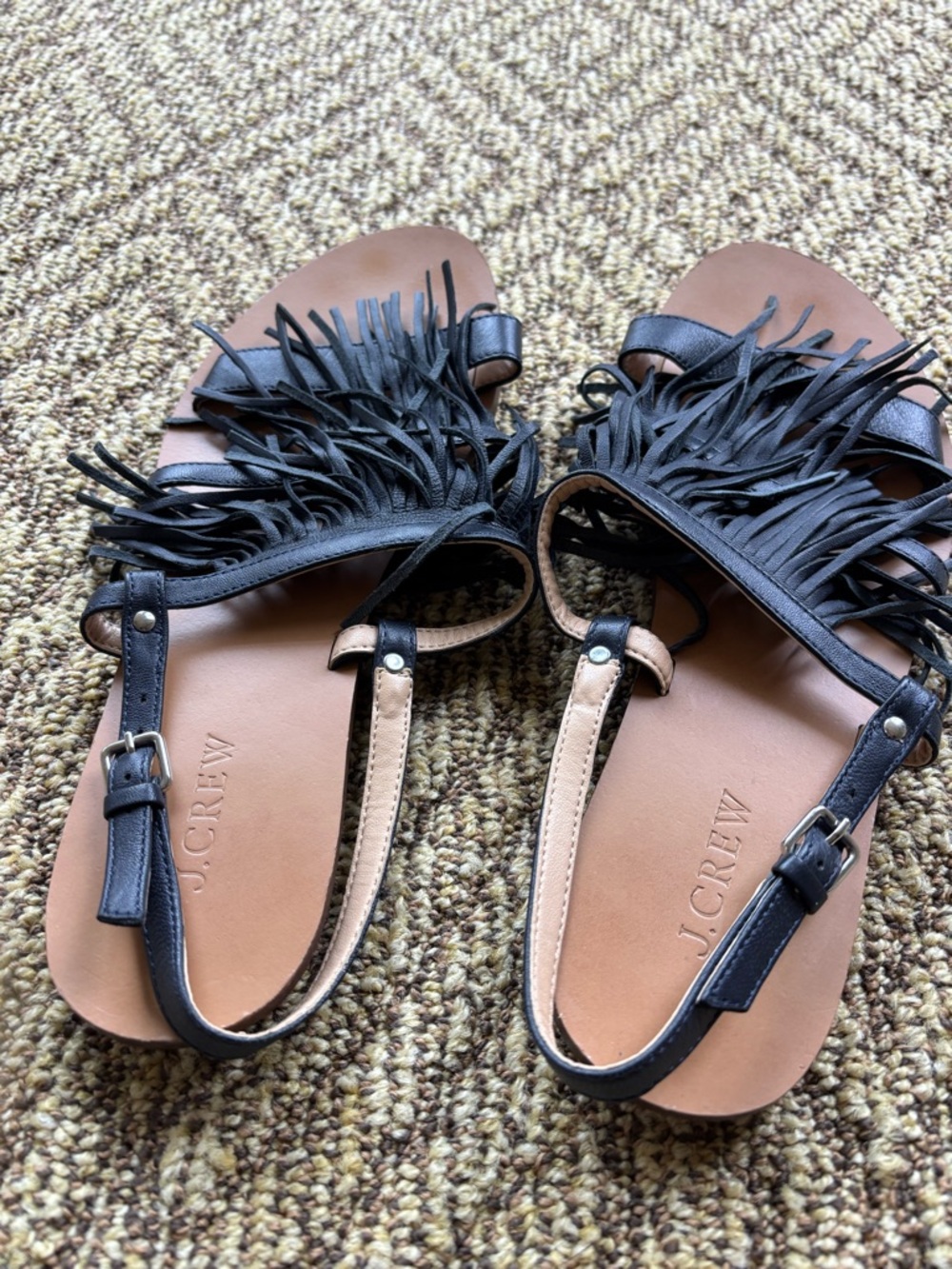 J. Crew Navy Fringe Tan Footbed Slingback Sandals - Picture 3 of 9